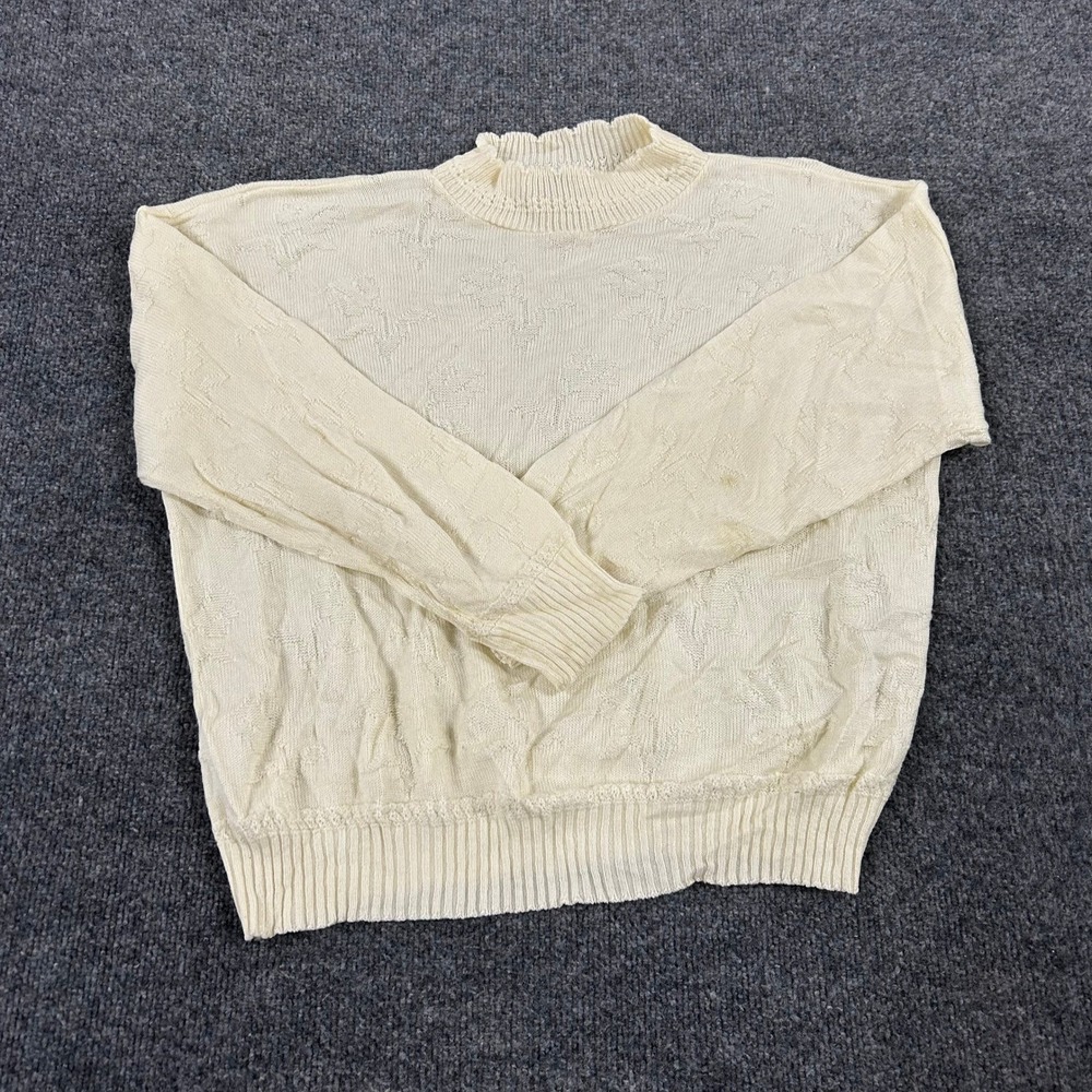 Kenneth Too! Sweater Womens XL Cream Textured Floral Mock Neck Vintage USA
